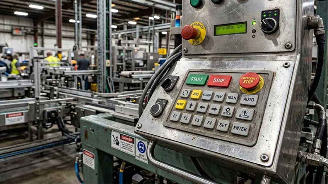 heavy duty industrial control panel featuring screen printed silicone keypads with custom legends is integrated into a factory automation machine within a busy manufacturing environment