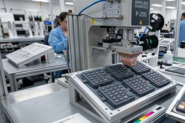 printed legends on silicone keypads mounted in a pad printing