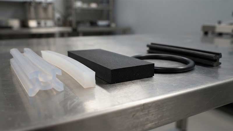 A close up three quarter view of translucent silicone profiles a black rubber pad and NBR sealing components arranged on a workbench