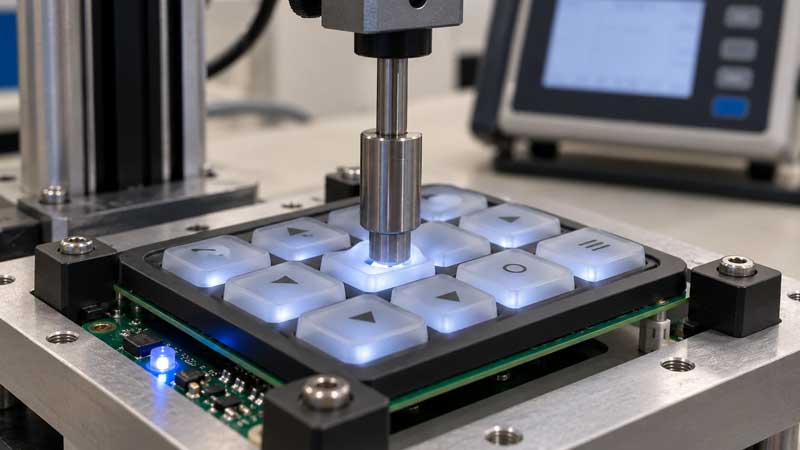 A force gauge presses a backlit silicone keypad mounted on a PCB test