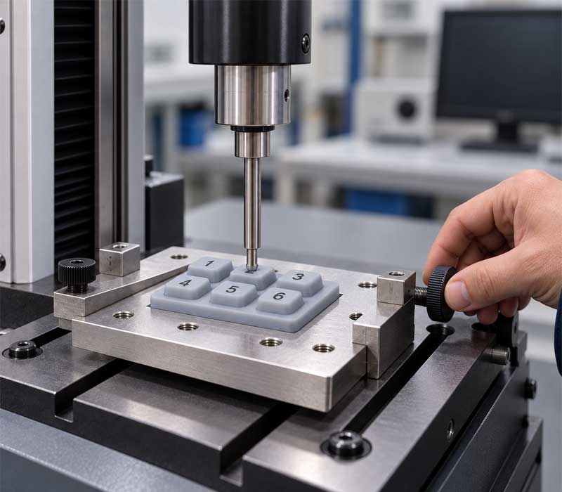 A force test probe presses one key on a silicone keypad sample in a bench
