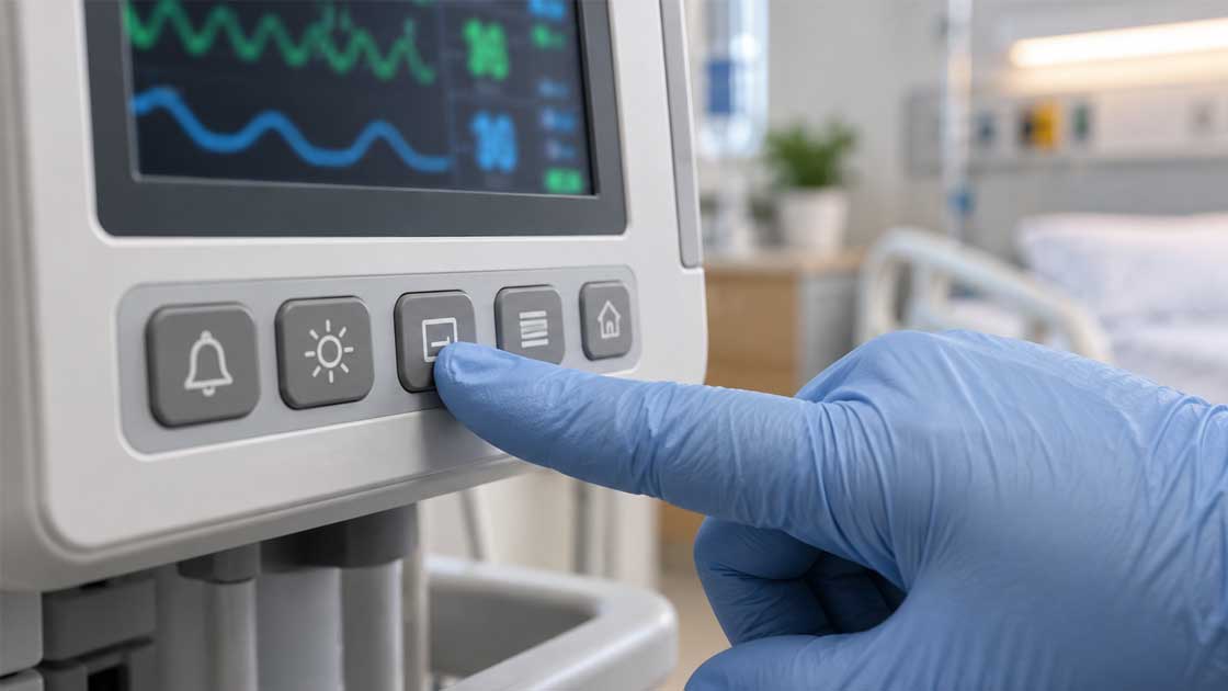 A gloved clinician presses a raised silicone keypad button on a bedside monitor