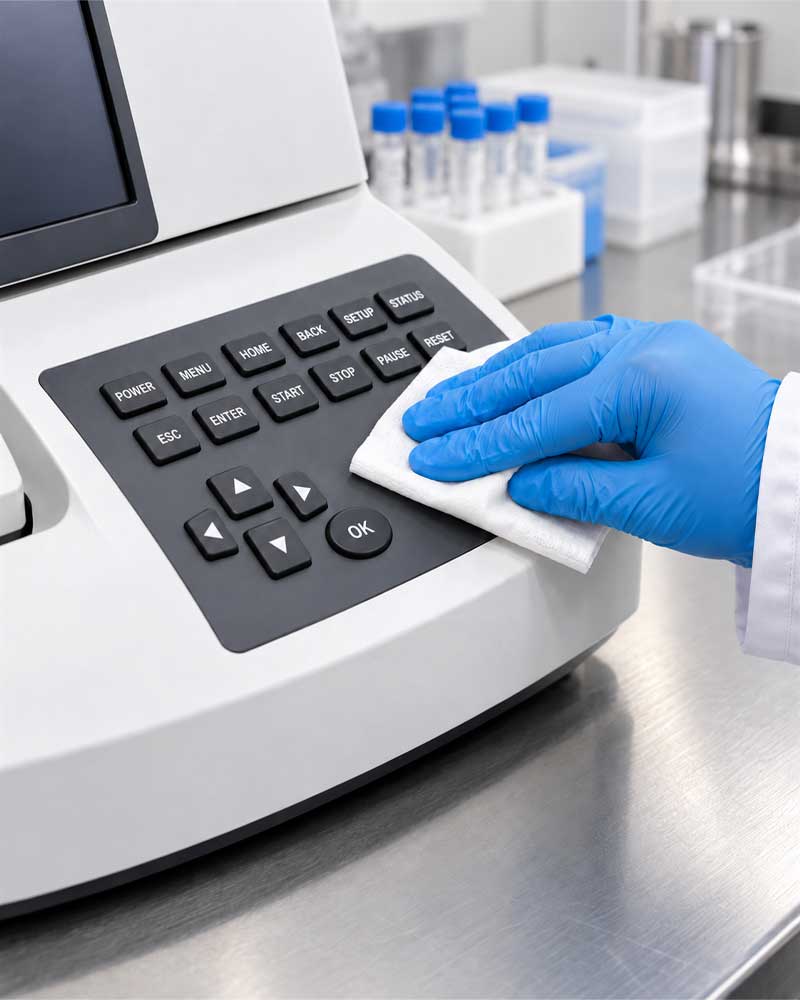 A gloved hand wipes the silicone keypad on a laboratory instrument