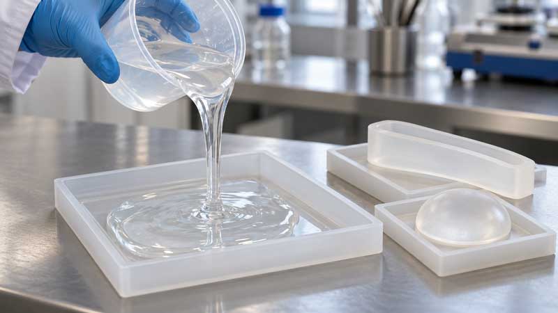 A gloved technician pours clear silicone fluid beside cured rubber and gel samples