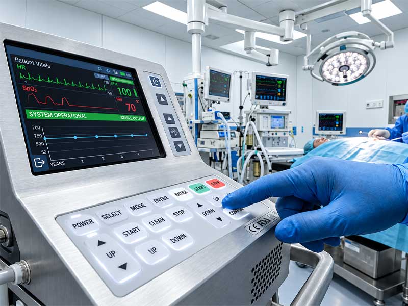 A high performance medical device silicone keypad is shown in a surgical setting 1