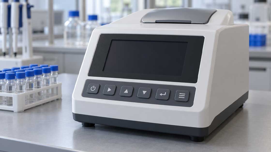 A laboratory analyzer with a silicone keypad sits beside a rack of capped sample vials