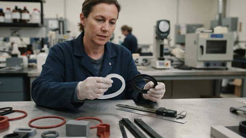 A materials engineer wearing gloves examines a flexible silicone gasket and a black rubber component on an industrial laboratory workbench