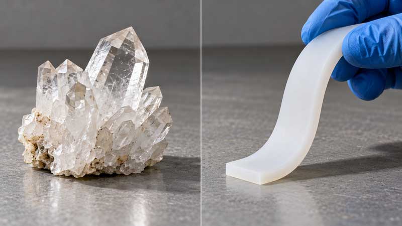 A quartz crystal stands beside a gloved hand bending a white silicone strip