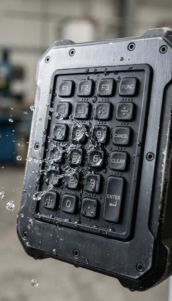 A rugged industrial device with a custom waterproof silicone keypad with realistic key markings withstands splashing water 1
