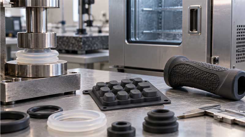A silicone seal is compressed in a test fixture beside a keypad grip and temperature chamber