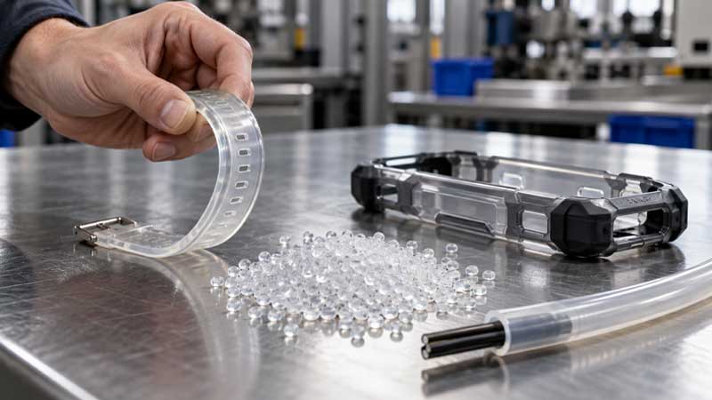 A technician bends a clear TPU strap beside TPU pellets a protective cover and a cable jacket