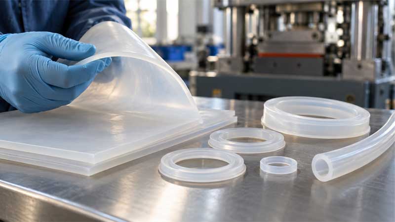A technician bends a translucent silicone sheet beside molded silicone seals and tubing