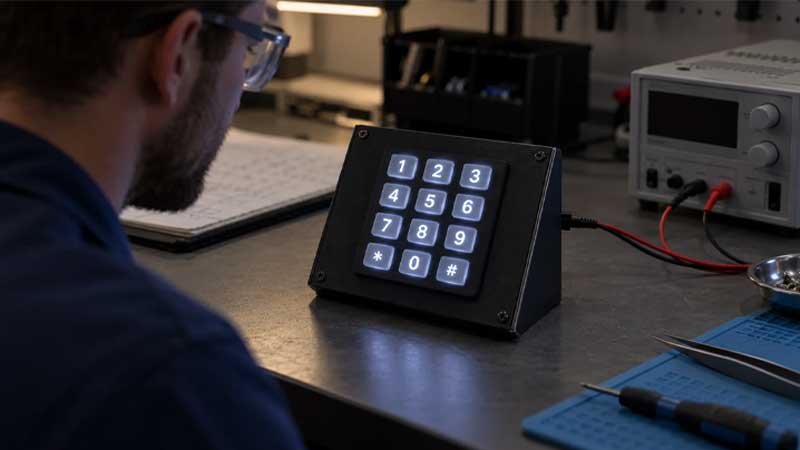 A technician checks light uniformity on a powered backlit silicone keypad sample