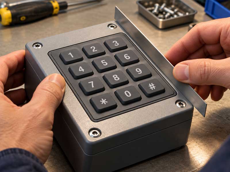 A technician checks the fit of a silicone keypad in a device front housing