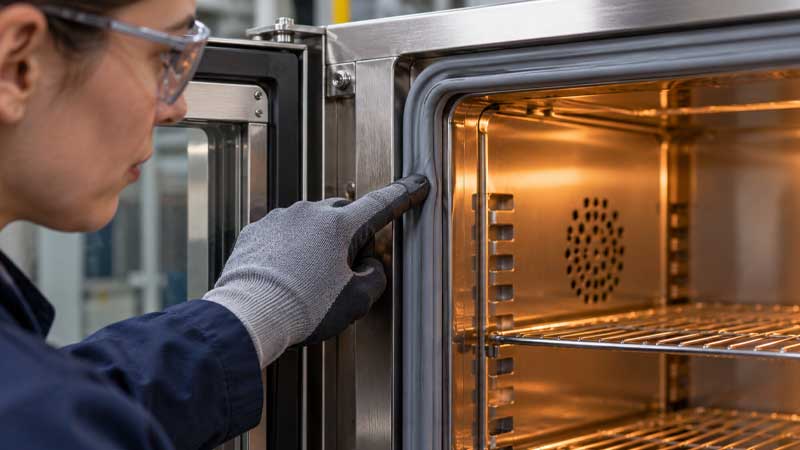 A technician checks the rebound of a silicone door gasket on a warming cabinet