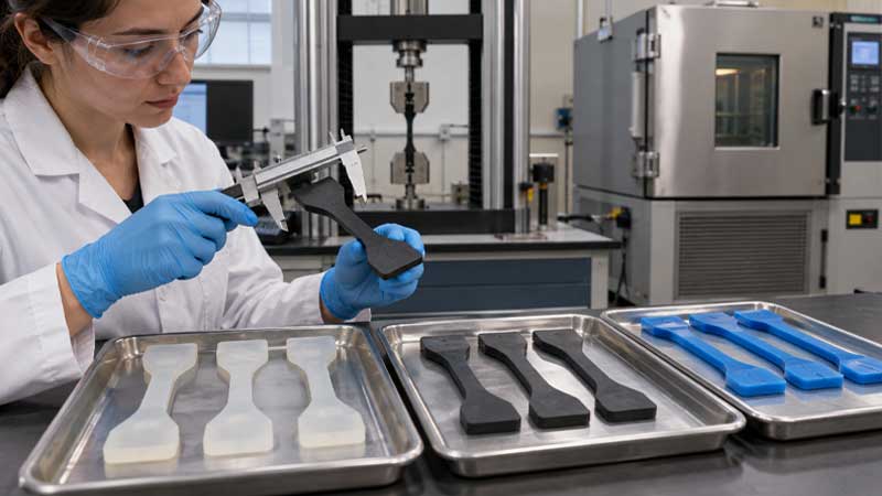 A technician measures rubber test specimens for a silicone and natural rubber comparison