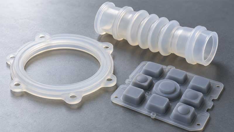 A translucent silicone gasket flexible connector and keypad rest on a gray surface