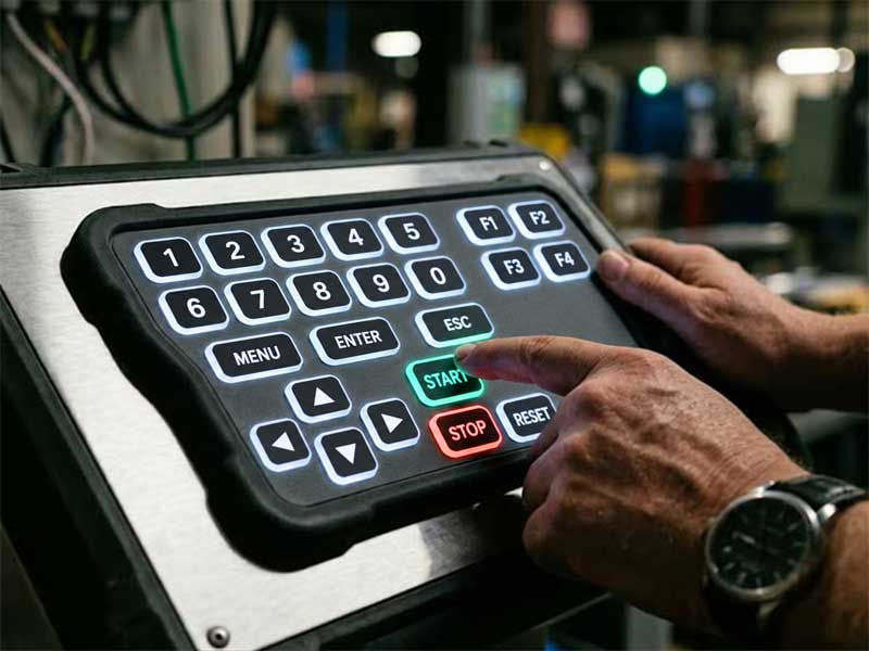 A worker hand pressing a button on a durable industrial control panel featuring backlit silicone keypads with illuminated characters in a dimly lit factory setting