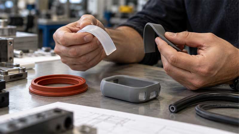 An engineer bends silicone and TPU samples beside flexible component prototypes on a workshop bench