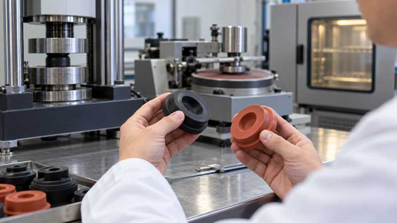 An engineer compares black and orange elastomer samples in a materials testing lab