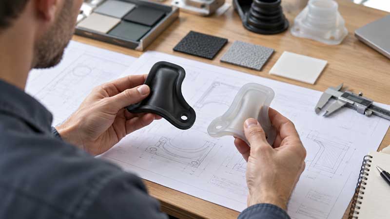 An engineer compares black and translucent molded parts over a technical drawing