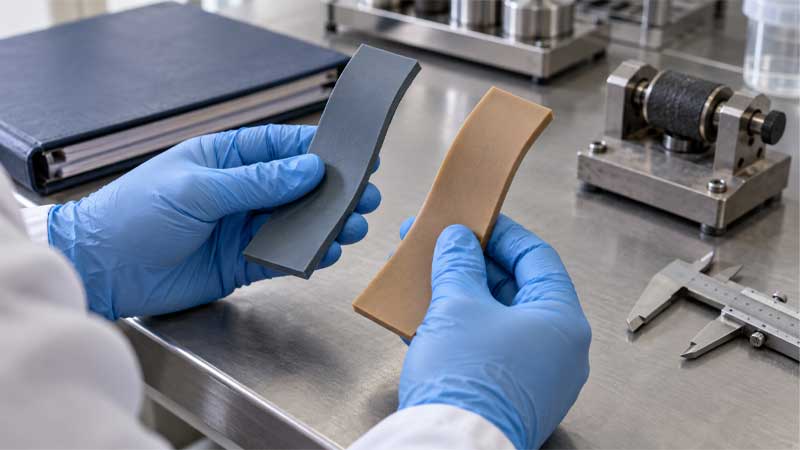 An engineer compares silicone rubber and natural rubber strips during material selection