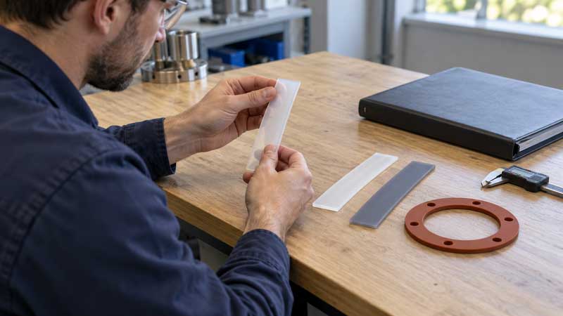 An engineer compares silicone rubber samples at a workbench
