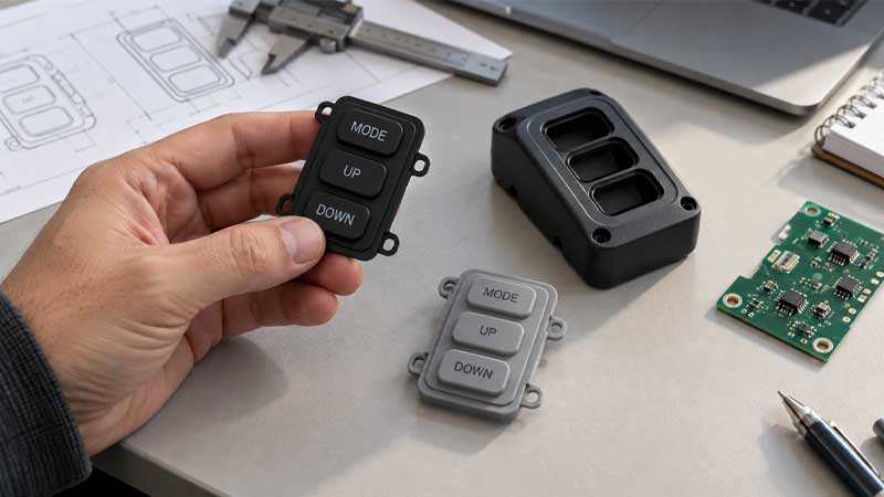 An engineer compares two silicone keypad prototypes beside a device housing