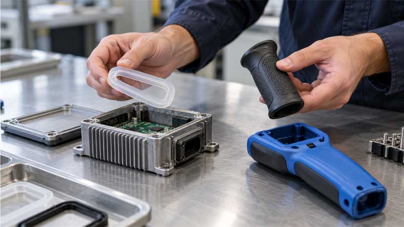An engineer holds a silicone seal and black TPE grip above an electronic enclosure and plastic housing