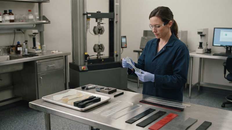 An engineer in a laboratory examines a tensile test specimen next to universal testing equipment and rubber material samples