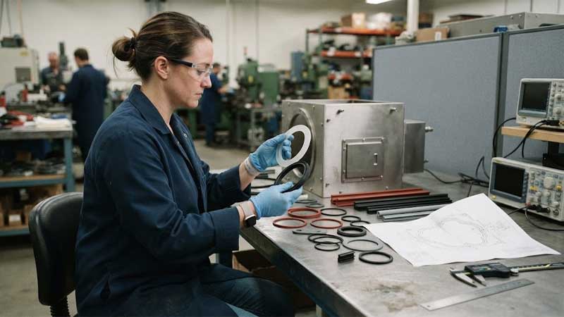 An engineer in a manufacturing facility examines and compares a silicone gasket with black oil resistant rubber seals on a workbench