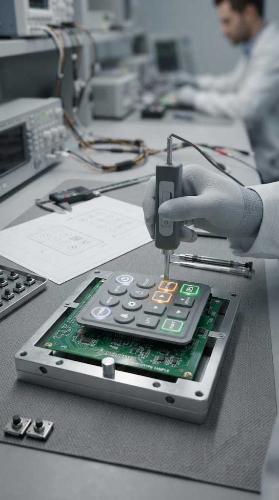 An engineer tests backlit silicone buttons on a prototype circuit board using a precision measurement tool in a vertical workspace