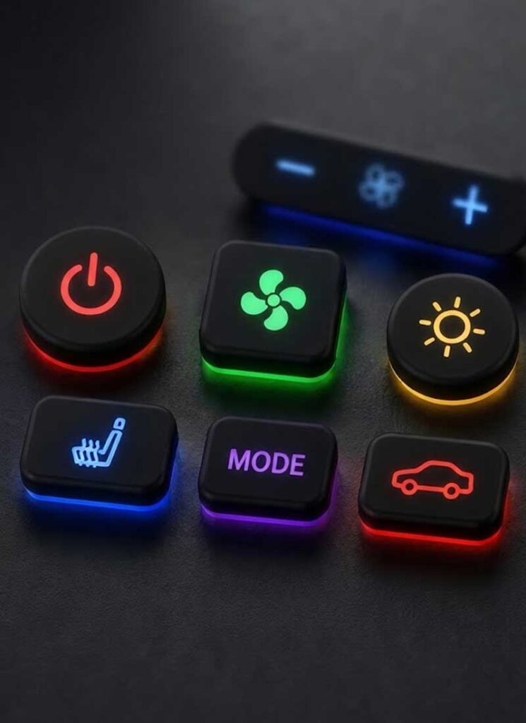Backlit Silicone Button set with various illuminated icons in red green blue yellow and purple on a black surface showing soft touch silicone and glowing backlighting