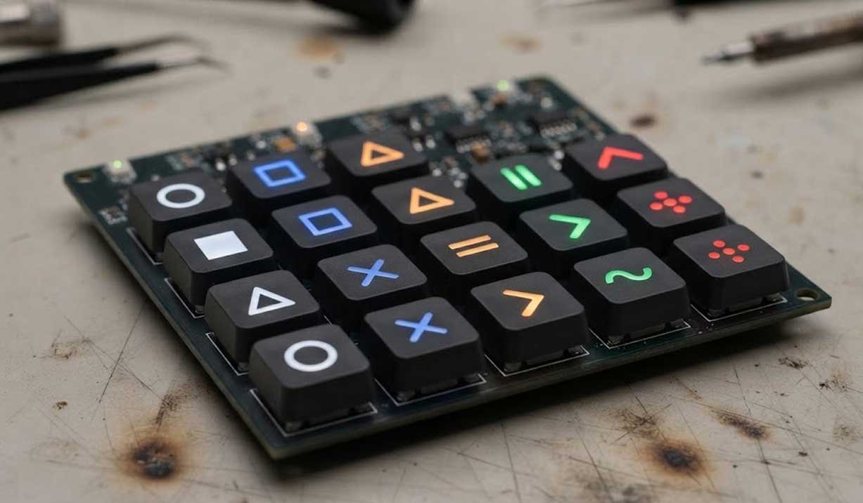 Backlit silicone buttons on a circuit board with opaque black caps and glowing symbols