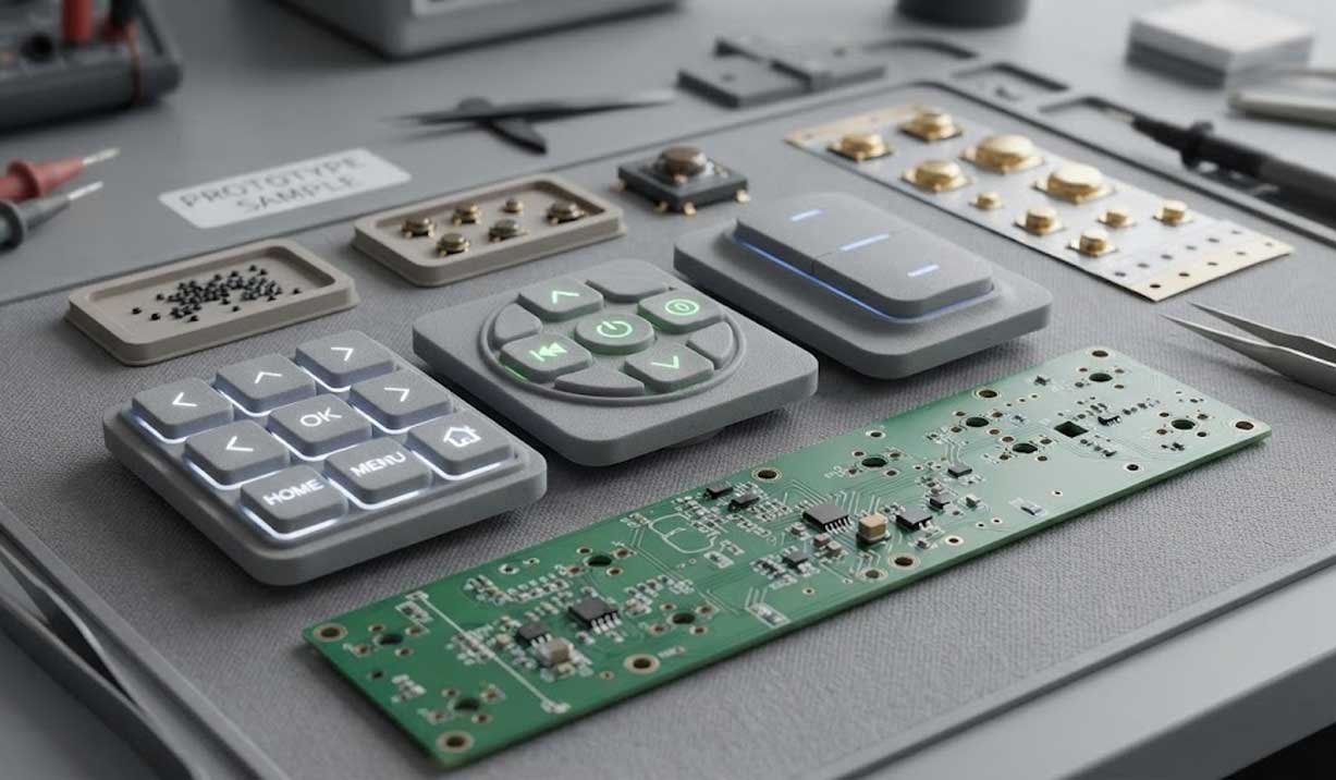Backlit silicone buttons with components and circuit boards are arranged as engineering prototypes on a workbench