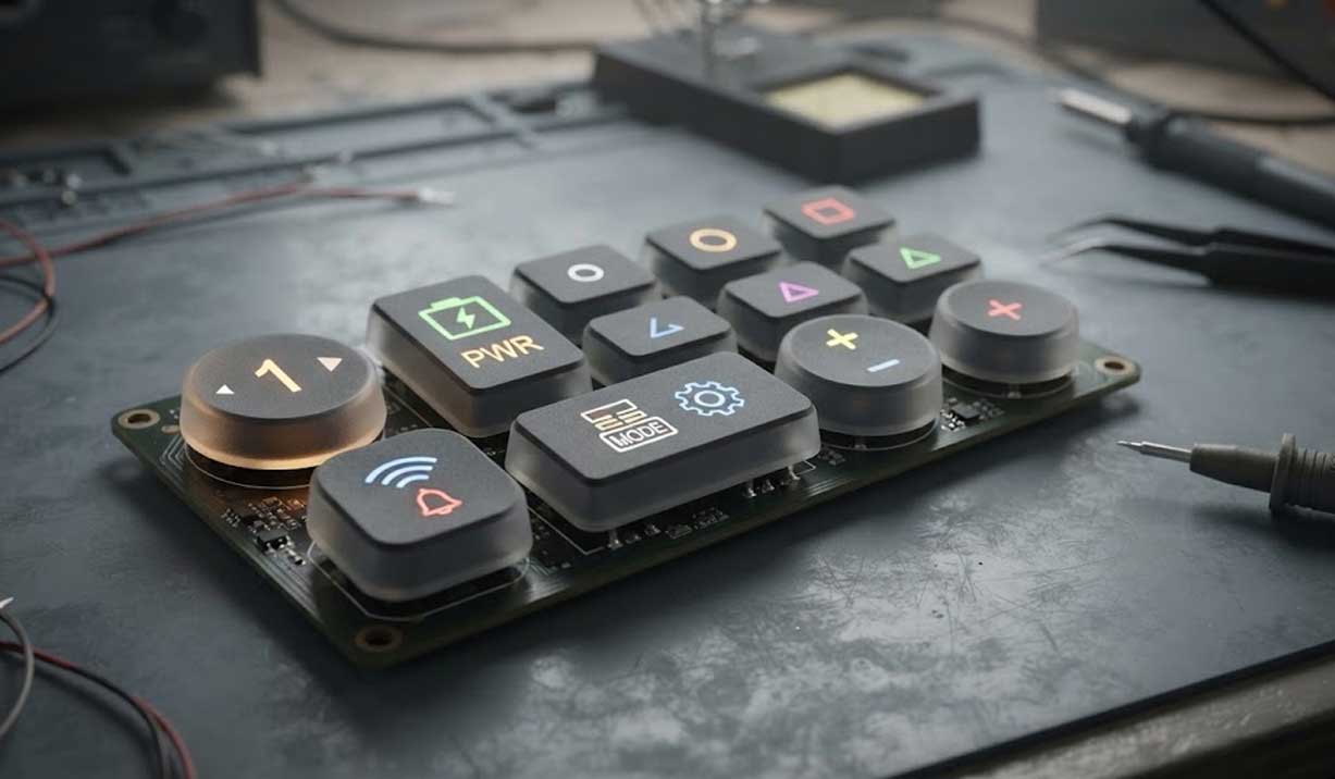Backlit silicone buttons with illuminated icons are arranged on a workbench with electronic tools