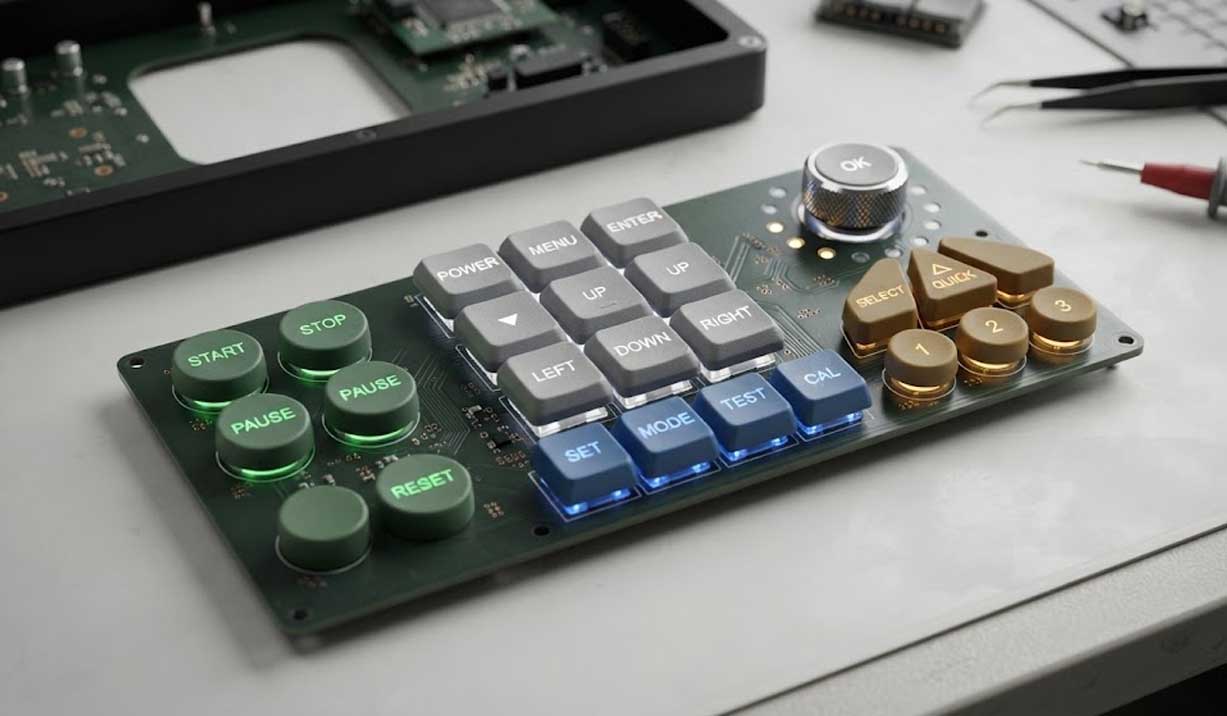 Backlit silicone buttons with various illuminated layouts and shapes are arranged neatly on an engineering workbench