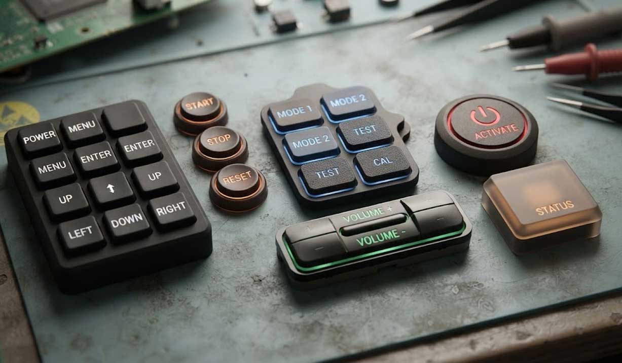 Backlit silicone buttons with various surface finishes and illuminated text are displayed on an engineering workbench