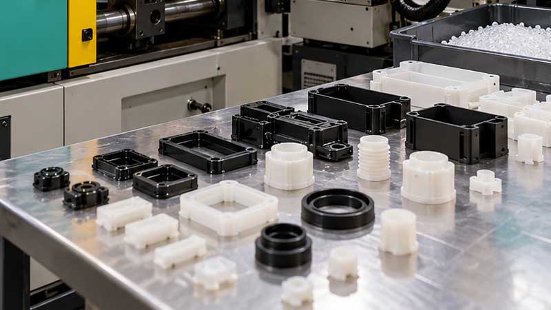 Black and white molded components are arranged on a metal table beside an injection molding machine and a bin of plastic pellets