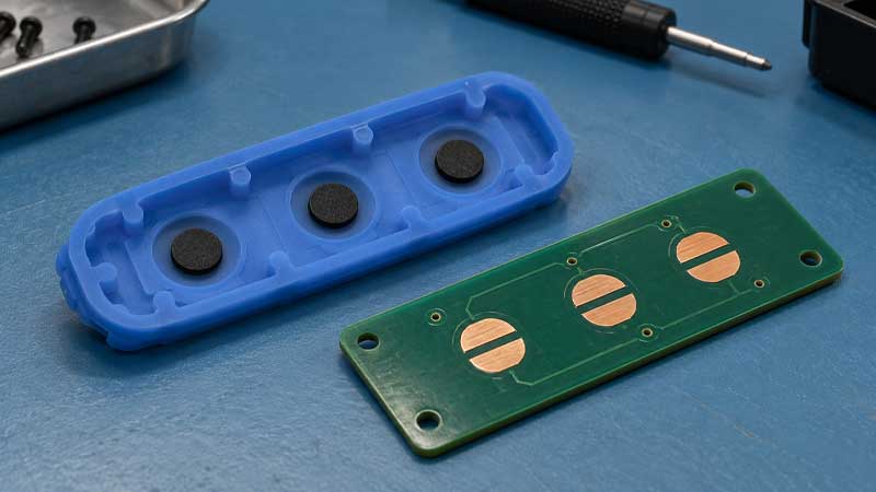 Carbon contacts on the underside of a silicone keypad beside a PCB