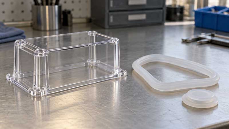 Clear PETG protective cover beside a curved silicone gasket and pad on a workbench