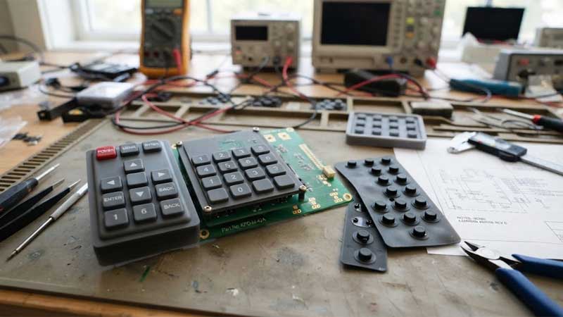 Close up view on a workbench featuring a finished silicone keypad a PCB and sample pads with carbon conductive contacts