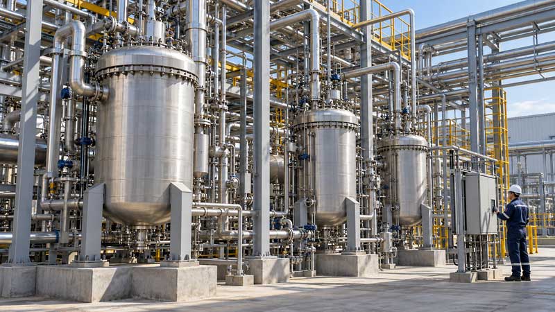Closed chemical reactor vessels and pipework stand beside a process operator