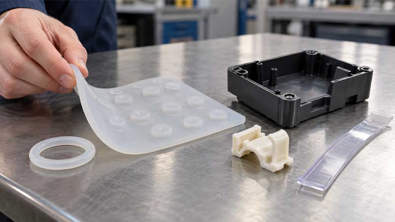 Engineer bends a silicone keypad beside thermoplastic parts