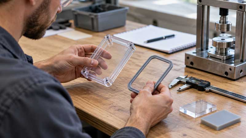 Engineer compares a clear PETG housing with a silicone gasket on a workbench