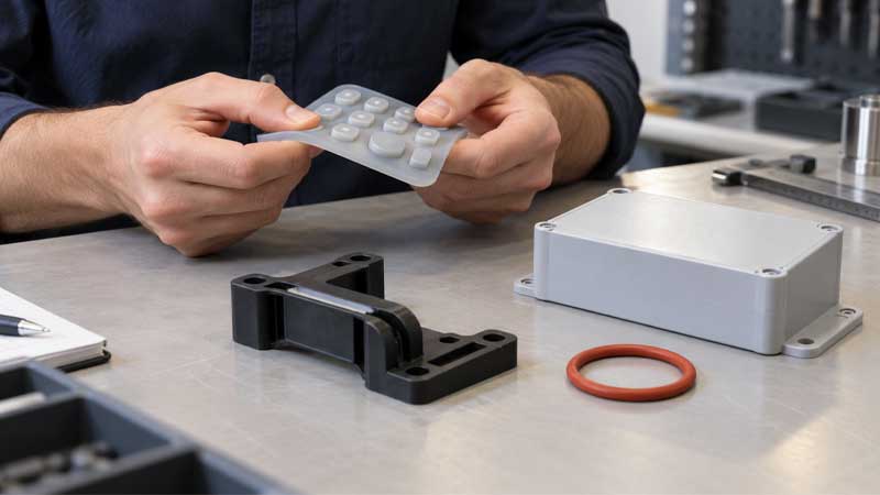 Engineer compares a flexible silicone keypad with rigid plastic housing parts