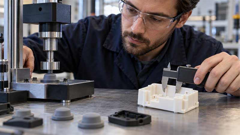 Engineer tests a silicone button and measures a rigid plastic housing