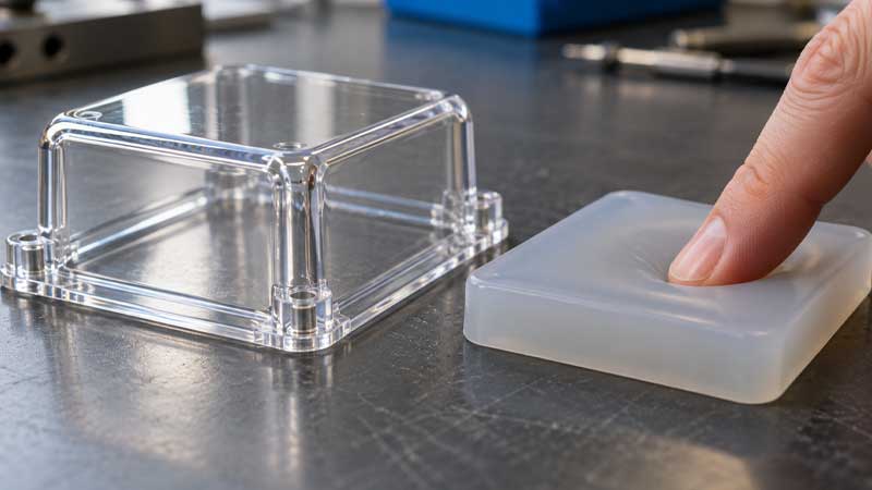 Finger presses a silicone pad beside a rigid clear PETG cover