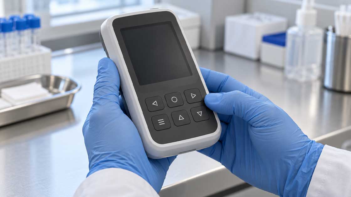 Gloved hands hold a compact diagnostic device with a low profile silicone keypad