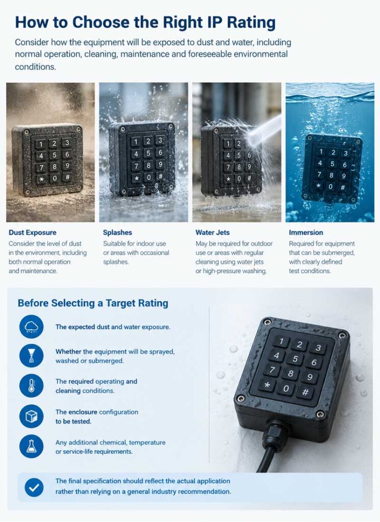 Infographic showing dust water splashes water jets and immersion scenarios for choosing the right IP rating for silicone keypads